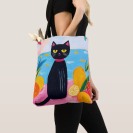 Lustige schwarze Katze frisches Obst und Meer Tasche