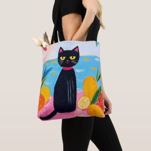 Lustige schwarze Katze frisches Obst und Meer Tasche