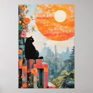 Lustige schwarze Katze genießt den Vollmond Poster