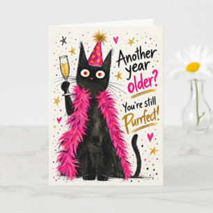 Lustige schwarze Katze in rosa Federboa zum Geburt Karte