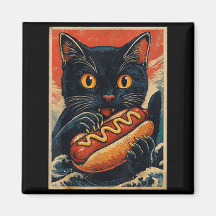 Lustige schwarze Katze isst Hot Dog Retro-Japanisc Magnet