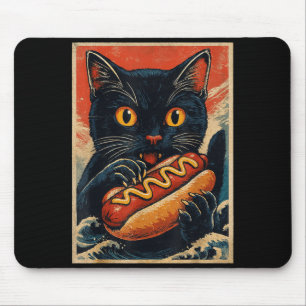 Lustige schwarze Katze isst Hot Dog Retro-Japanisc Mousepad