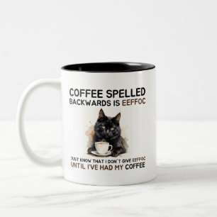 Lustige schwarze Katze Kaffee rückwärts buchstabie Zweifarbige Tasse