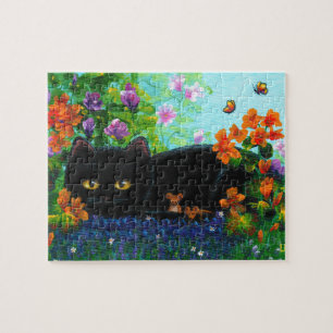 Lustige schwarze Katze Mäuse Blumen Creationarts