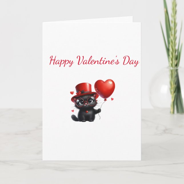 Lustige schwarze Katze mit Ballons Valentinstag Karte (Vorderseite)
