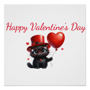 Lustige schwarze Katze mit Ballons Valentinstag Poster