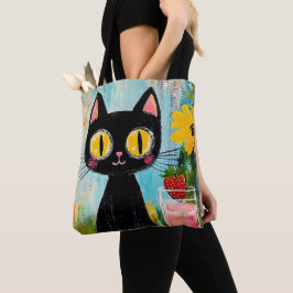 Lustige schwarze Katze mit Erdbeere Tasche