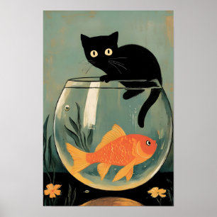 Lustige schwarze Katze mit Fisch Poster