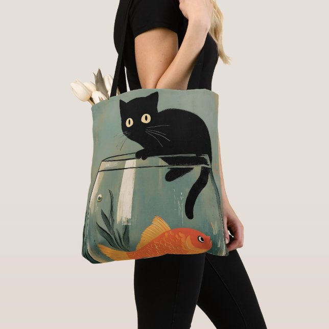 Lustige schwarze Katze mit Fisch Tasche (Von Nahem)