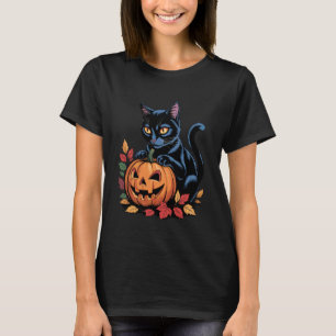 Lustige schwarze Katze mit Kürbis Retro-Halloween- T-Shirt