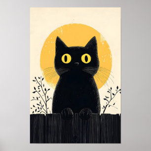 Lustige schwarze Katze mit Vollmond Poster