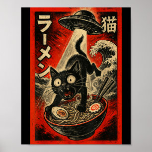Lustige schwarze Katze Ramen Alien Ufo Entführung Poster