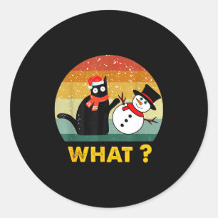 Lustige schwarze Katze schiebt Schneemann Weihnach Runder Aufkleber