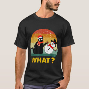 Lustige schwarze Katze schiebt Schneemann Weihnach T-Shirt