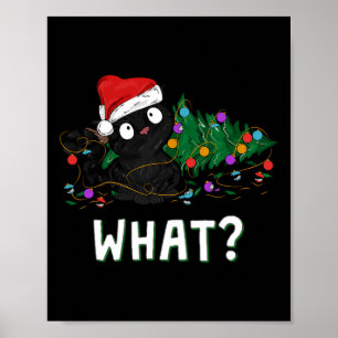 Lustige schwarze Katze stößt Weihnachtsbaum um Gra Poster