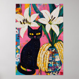 Lustige schwarze Katze und Blumen Vase Poster