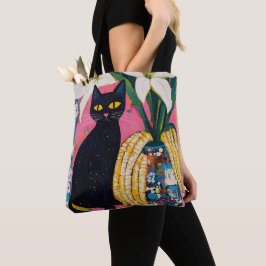 Lustige schwarze Katze und Blumenvase Tasche