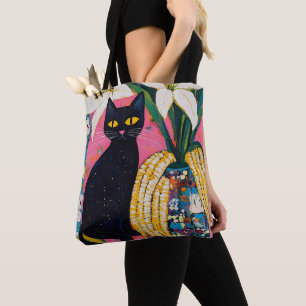 Lustige schwarze Katze und Blumenvase Tasche