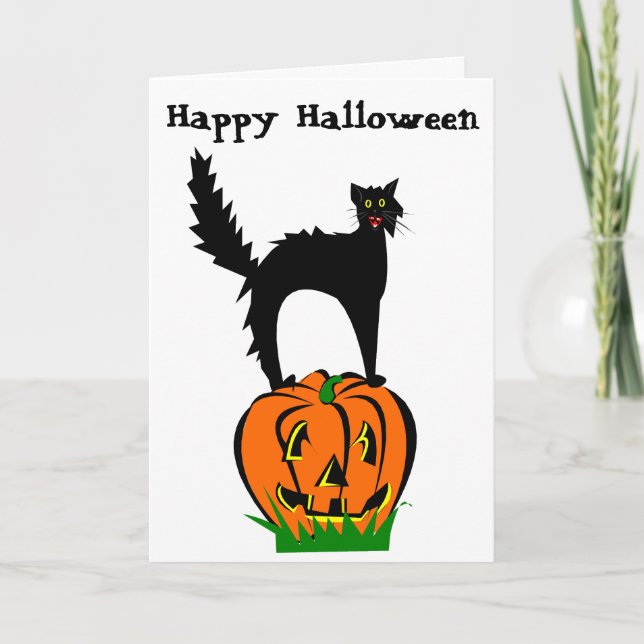 Lustige schwarze Katze und Kürbis Halloweens Karte (Vorderseite)