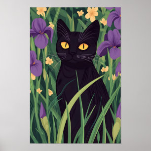 Lustige schwarze Katze und schöne Blume Poster