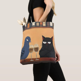 Lustige schwarze Katze und Vogel Tasche