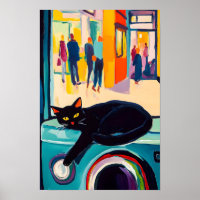 Lustige schwarze Katze und Waschmaschine
