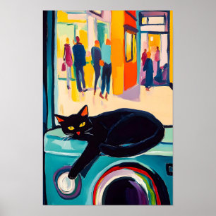 Lustige schwarze Katze und Waschmaschine Poster