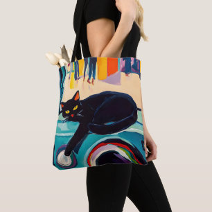 Lustige schwarze Katze und Waschmaschine Tasche
