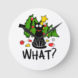 Lustige schwarze Katze Weihnachtsbaum Frohe Santa Runde Wanduhr