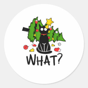 Lustige schwarze Katze Weihnachtsbaum Frohe Santa Runder Aufkleber