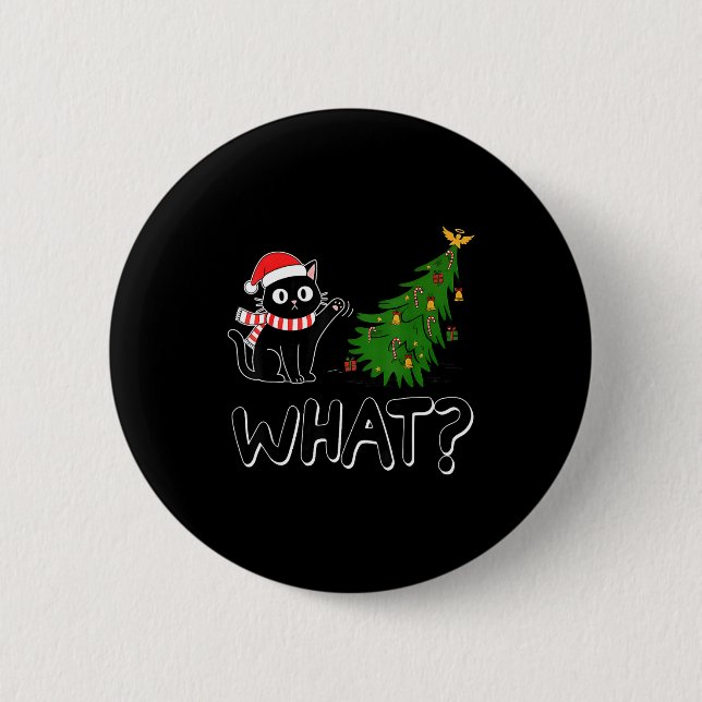 Lustige schwarze Katze Weihnachtsbaum Frohe Weihna Button (Vorderseite)