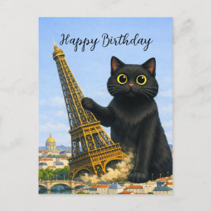 Lustige schwarze Katze wirft Eiffelturm um Alles G Postkarte