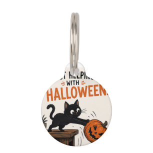 Lustige schwarze Katze wirft Kürbis Halloween um Haustiermarke