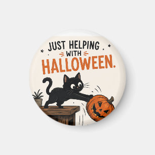 Lustige schwarze Katze wirft Kürbis Halloween um Magnet