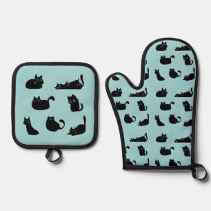 Lustige schwarze Katzen Ofenhandschuh & Topflappen-Set