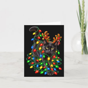 Lustige schwarze Katzen-Weihnachtslichter Rentier Karte