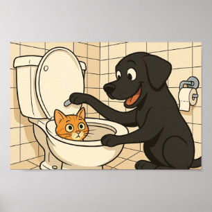 Lustige schwarze Labrador- und Katzen-Badezimmer-K Poster