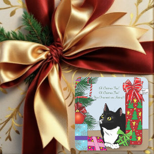 Lustige schwarze weiße Smokingkatze Weihnachtsbaum Quadratischer Aufkleber