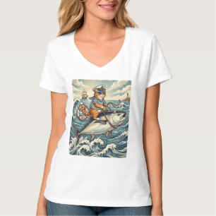 Lustige Seglerkatze Reitet Tuna Fisch Vintage T-Shirt