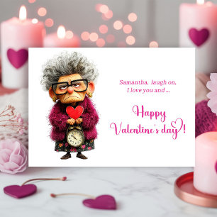 Lustige seltsame Dame bringt Valentinstagsspaß Feiertagskarte