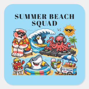 Lustige Sommer-Strandparty-Tiere - DJ Octopus & Su Quadratischer Aufkleber