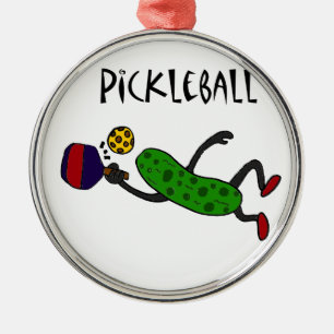 Lustige Springenessiggurke, die Pickleball spielt Silbernes Ornament