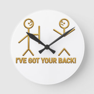 Lustige Stockfigur "Ich halte dir den Rücken frei! Runde Wanduhr