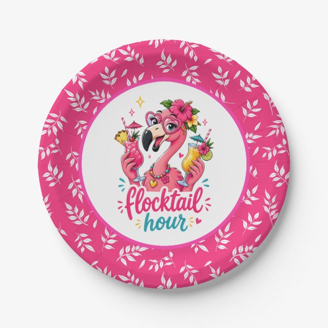 Lustige Strand rosa Flamingo Flocktail-Party Pappteller (Vorderseite)
