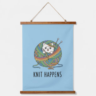 Lustige Strickkatze Garnball Lichtblaues Design Wandteppich Mit Holzrahmen