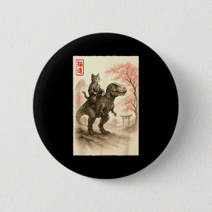 Lustige Sumi-e Kawaii Katze Reitet Dinosaurier Jap Button