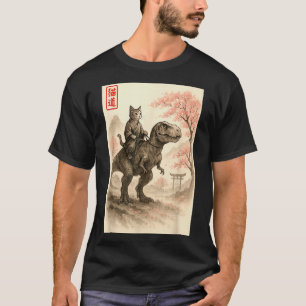 Lustige Sumi-e Kawaii Katze Reitet Dinosaurier Jap T-Shirt