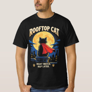 Lustige Superhelden-Schwarze-Katze auf dem Dach un T-Shirt