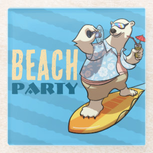 Lustige Surfende Eisbär-Strandparty-Cartoon Glasuntersetzer