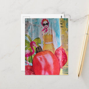 Lustige Surreal Collage Sommer Tomaten Flamingo Fr Postkarte